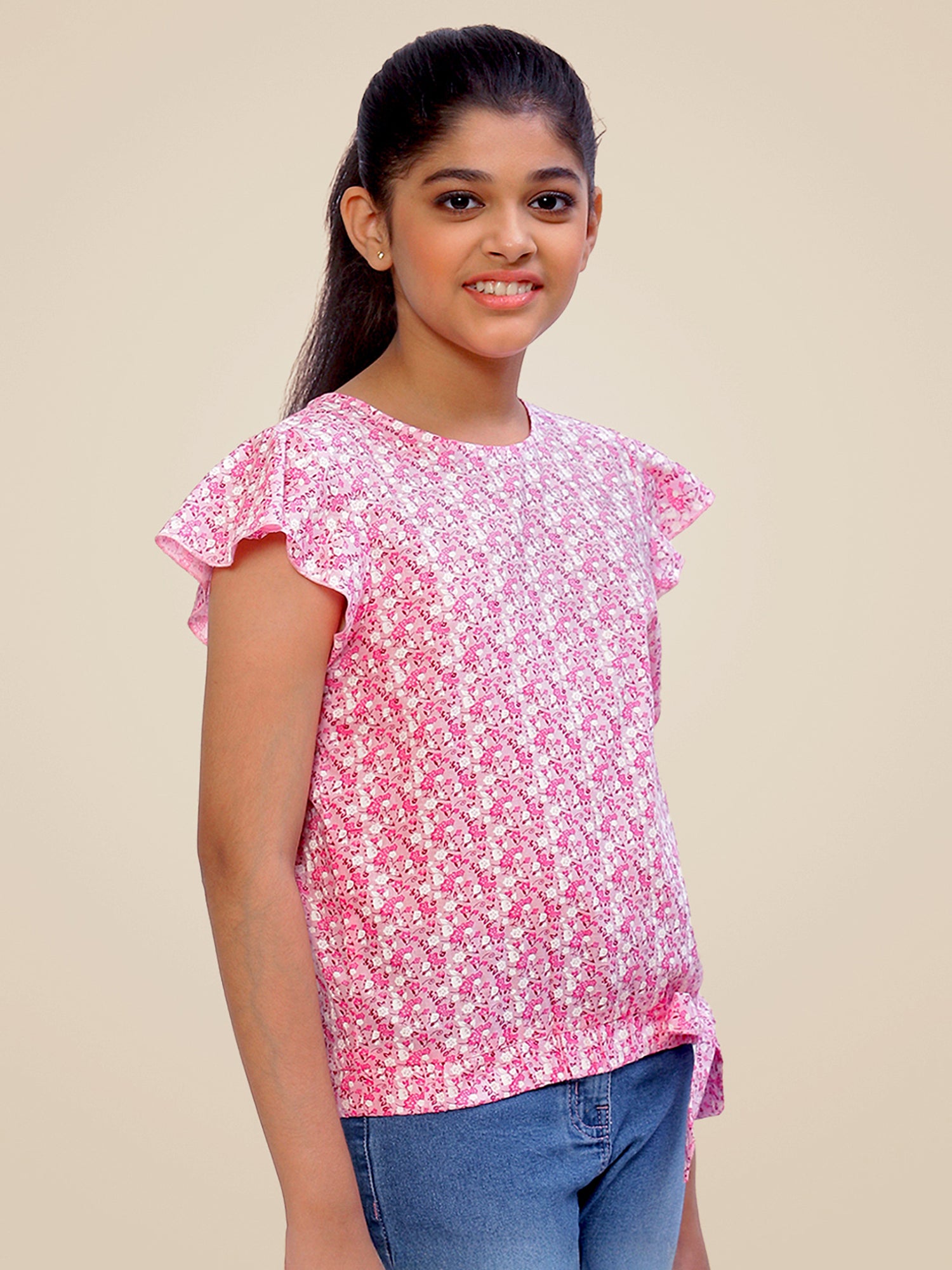 Girls Pink Printed Cotton Top