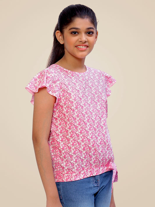 Girls Pink Printed Cotton Top