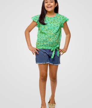 Girls Sea Green Printed Cotton