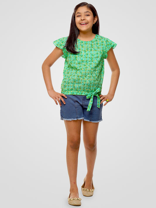 Girls Sea Green Printed Cotton