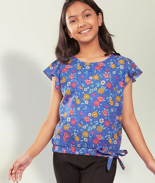 Girls Blue Printed Cotton Top