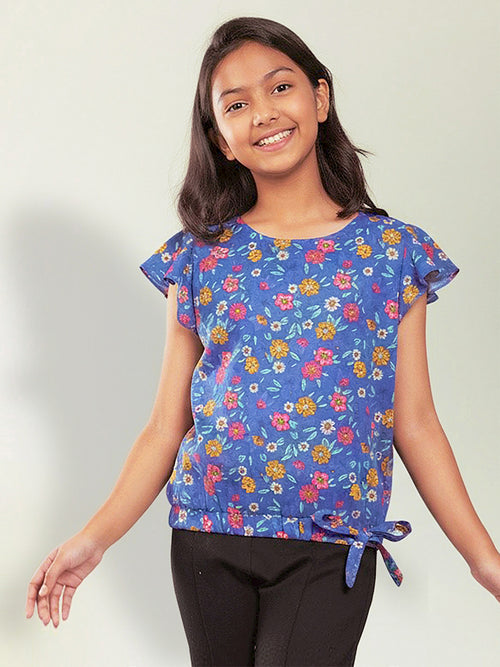 Girls Blue Printed Cotton Top