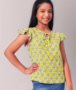 Girls Lemon Yellow Printed Cotton Top