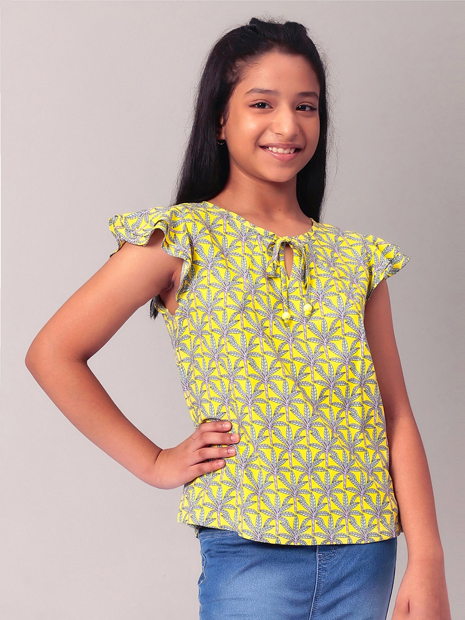 Girls Lemon Yellow Printed Cotton Top