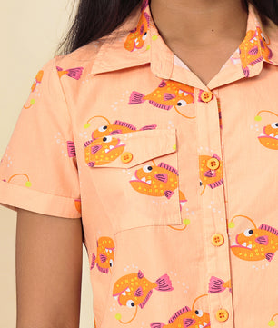 Girls Shirt Style Short Sleeves Printed Cotton Top