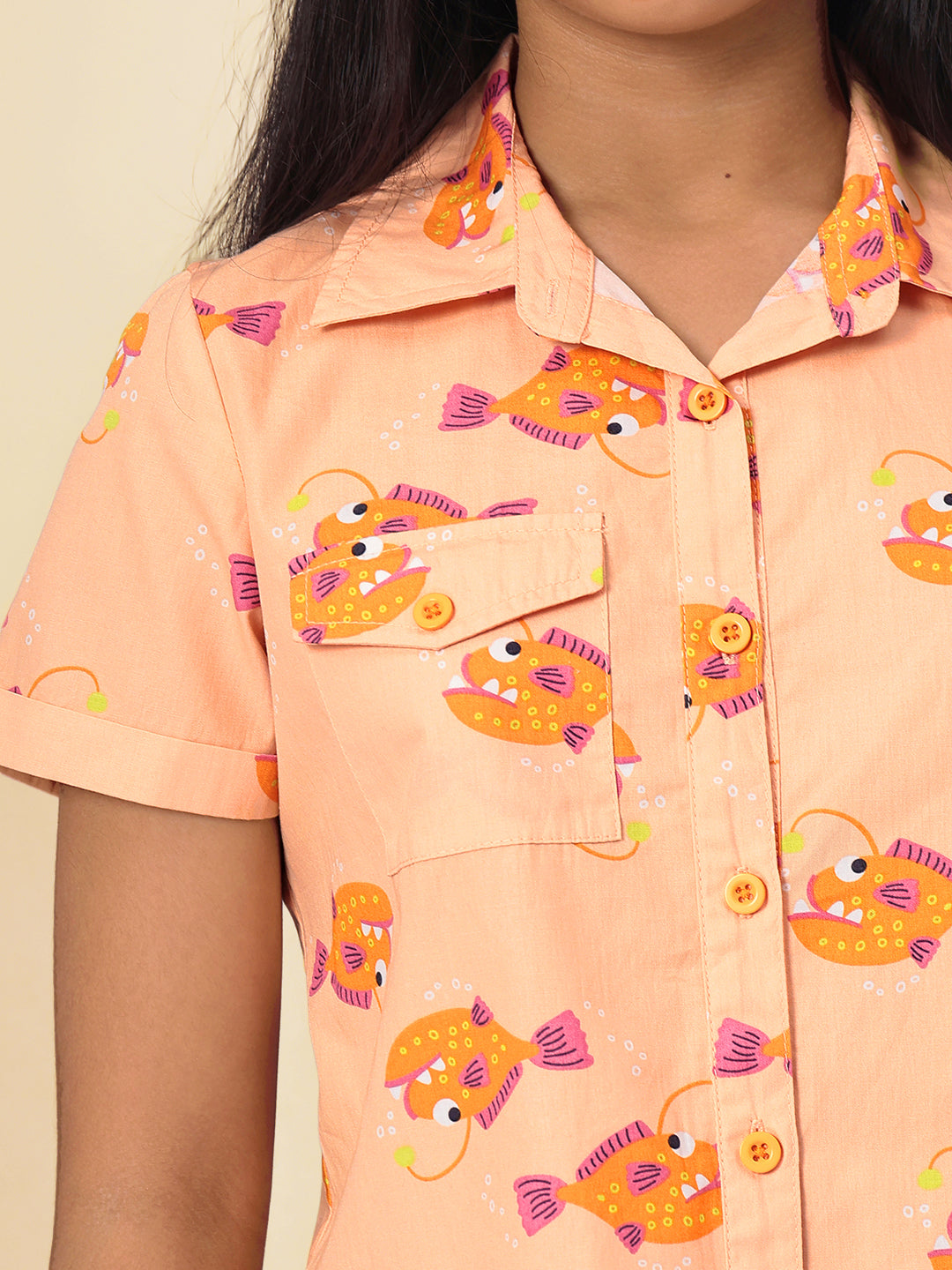 Girls Shirt Style Short Sleeves Printed Cotton Top