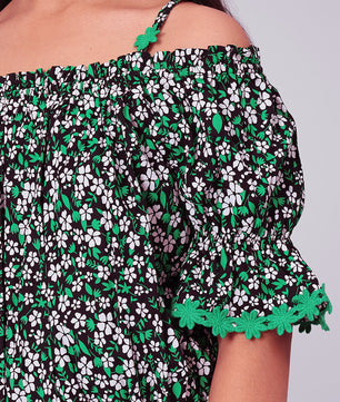 Girls Bardot Top in Green and Black Printed Rayon