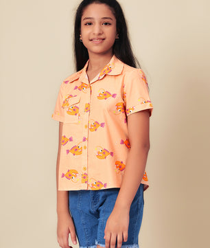 Girls Shirt Style Short Sleeves Printed Cotton Top