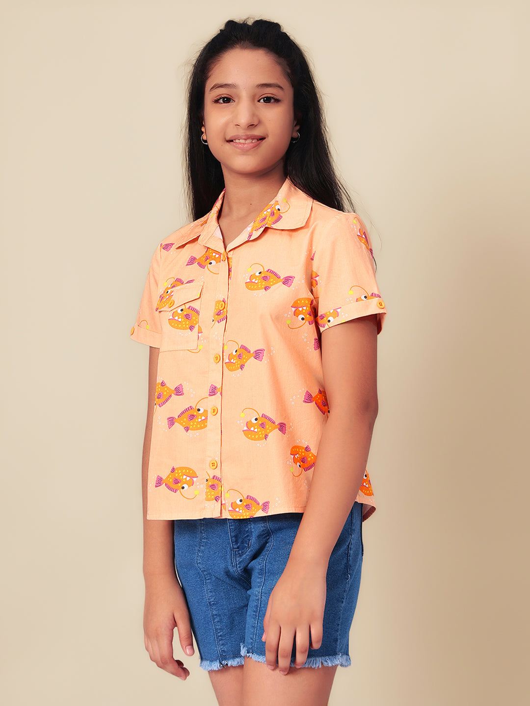 Girls Shirt Style Short Sleeves Printed Cotton Top