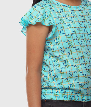 Girls Blue Printed Cotton Top