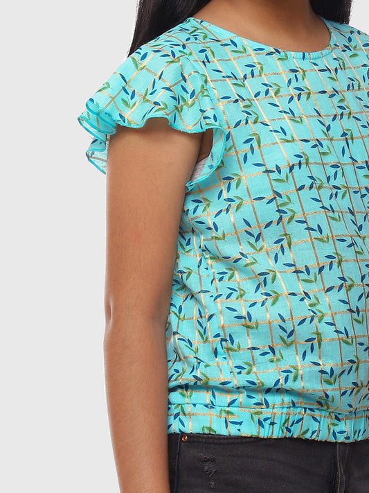 Girls Blue Printed Cotton Top