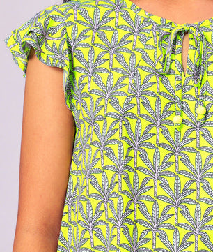 Girls Lemon Yellow Printed Cotton Top