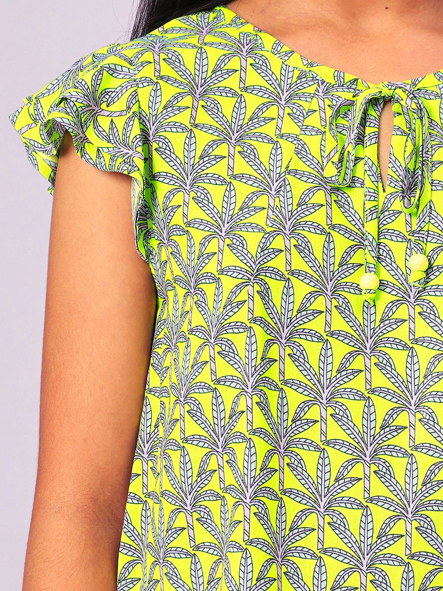 Girls Lemon Yellow Printed Cotton Top