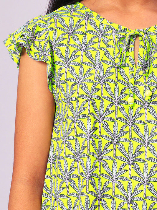 Girls Lemon Yellow Printed Cotton Top
