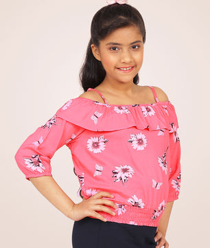Girls Pink Printed Blouson Top