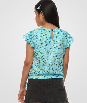 Girls Blue Printed Cotton Top