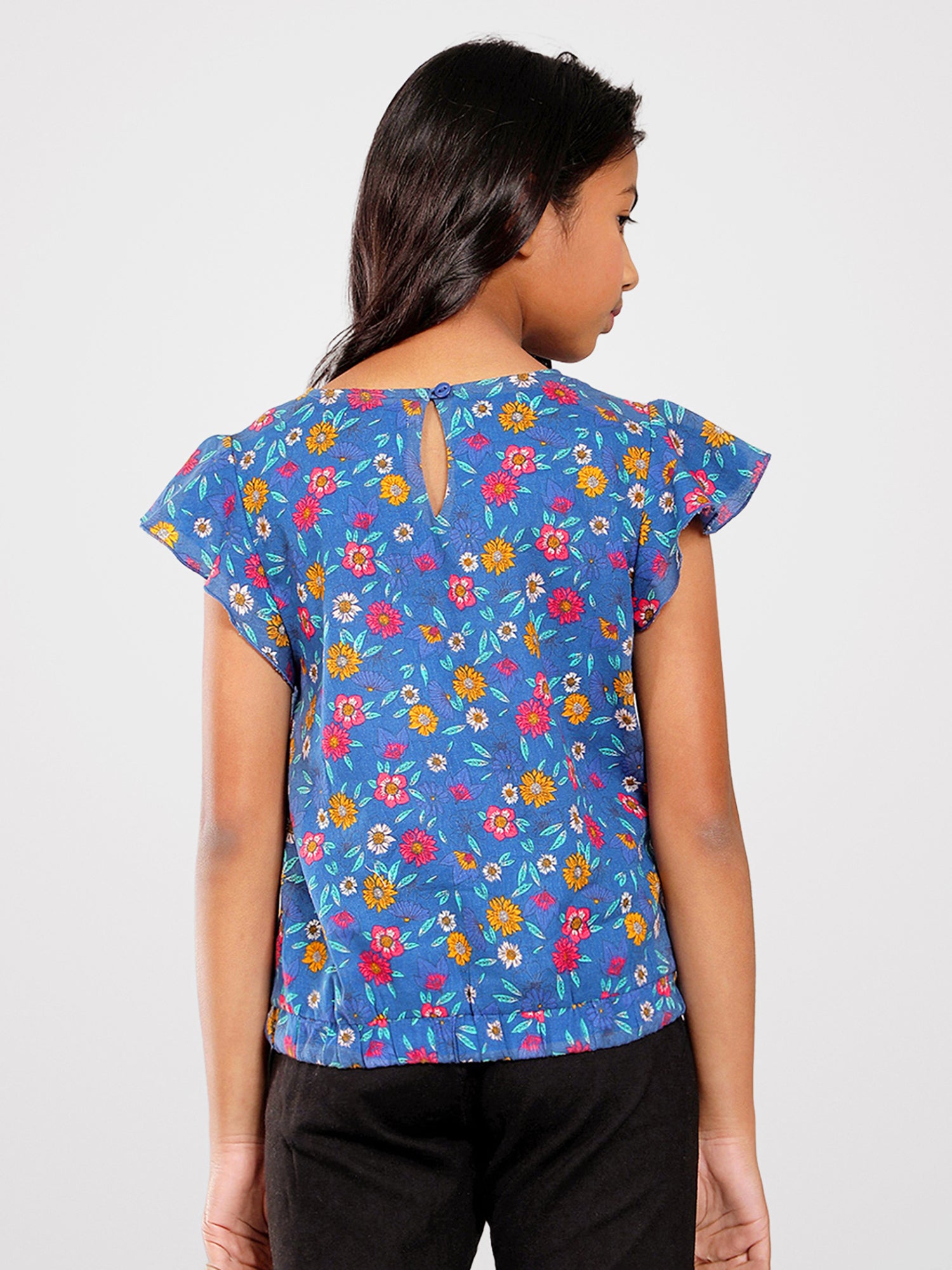 Girls Blue Printed Cotton Top