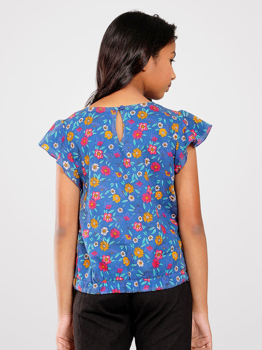 Girls Blue Printed Cotton Top