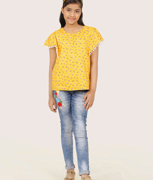 Girls Yellow Printed Cotton Top