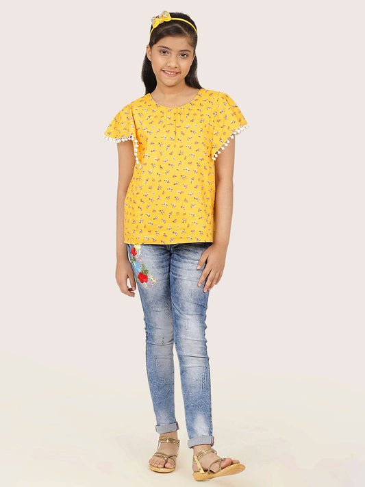 Girls Yellow Printed Cotton Top
