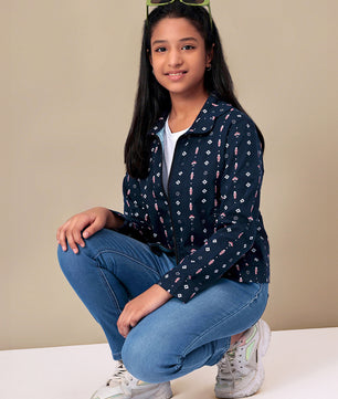 Girls Navy Blue Printed Flannel Jacket