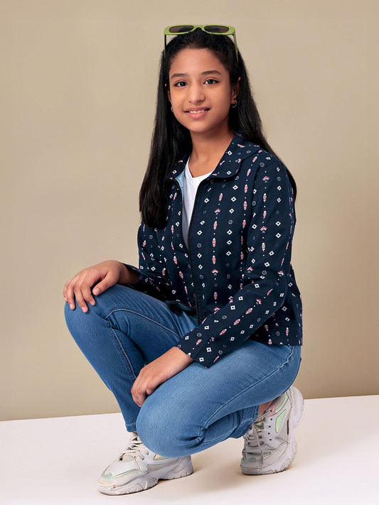Girls Navy Blue Printed Flannel Jacket