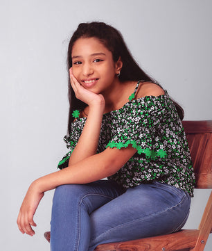 Girls Bardot Top in Green and Black Printed Rayon