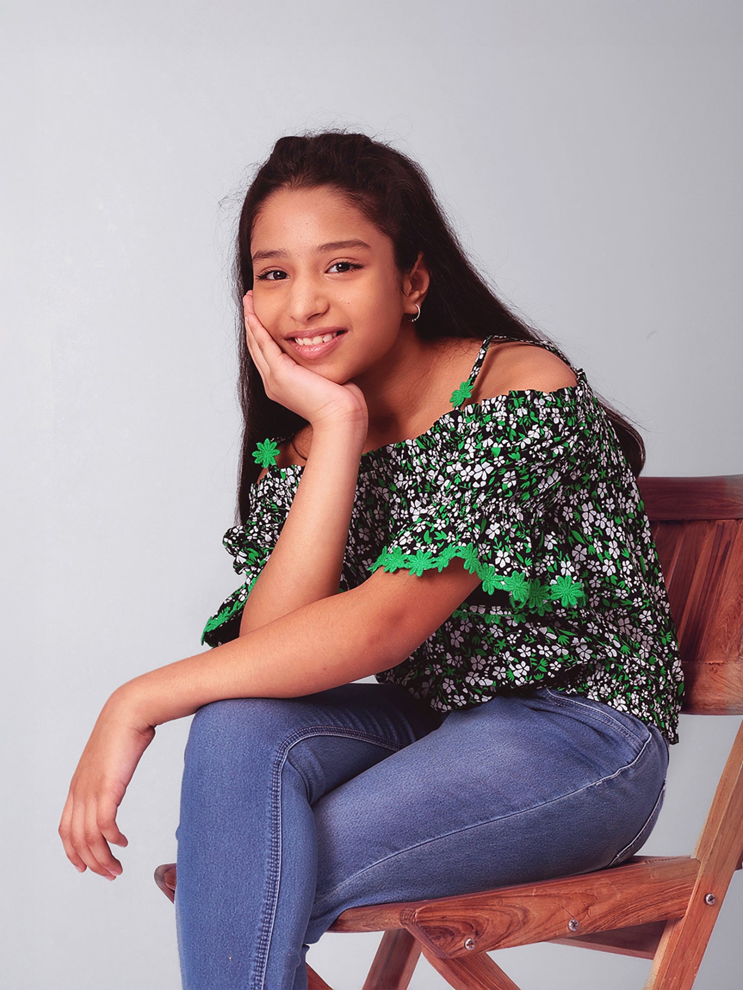 Girls Bardot Top in Green and Black Printed Rayon