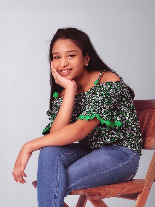 Girls Bardot Top in Green and Black Printed Rayon