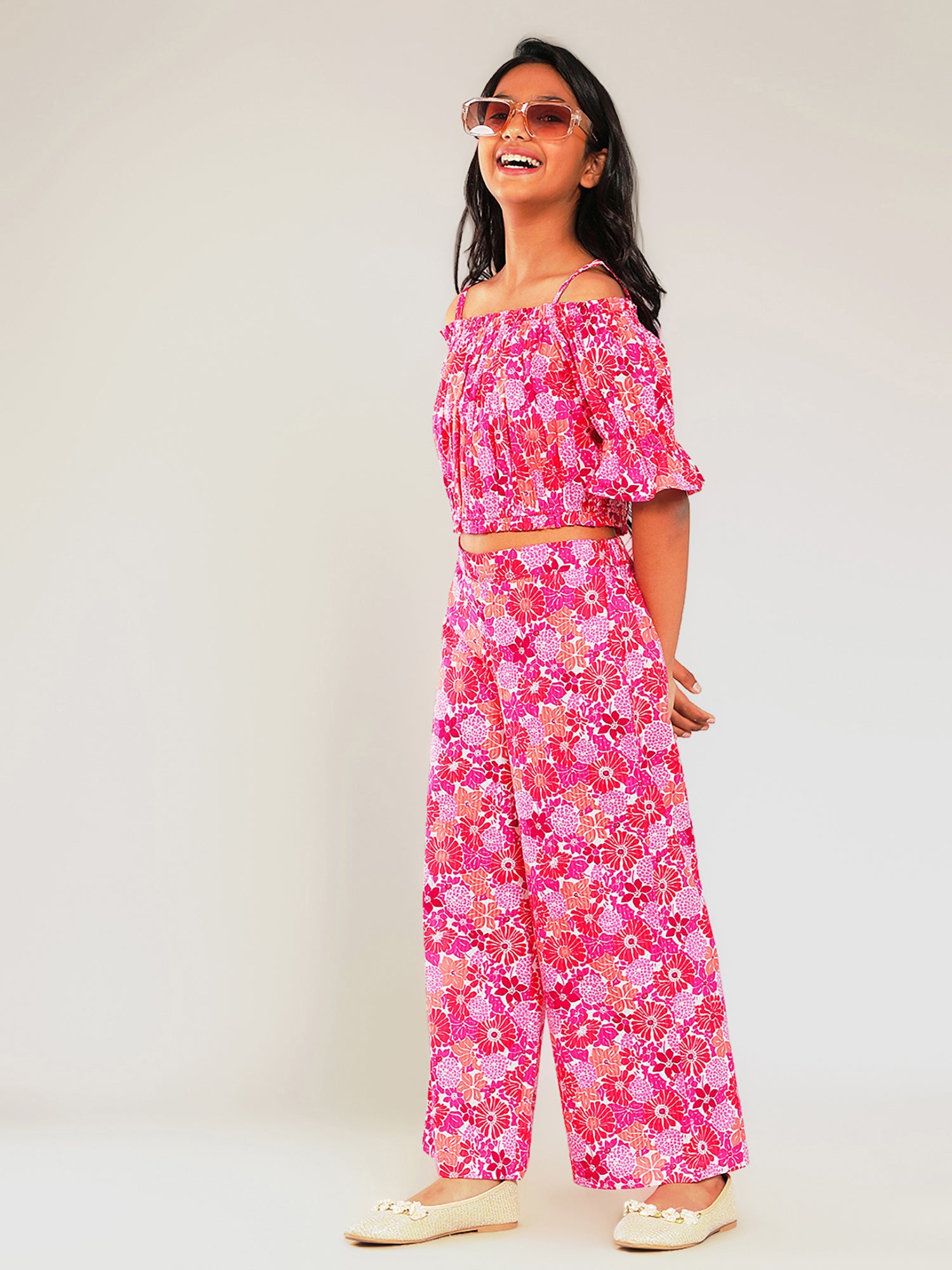 Girls Multicolored Printed Cotton Top and Palazzo Set