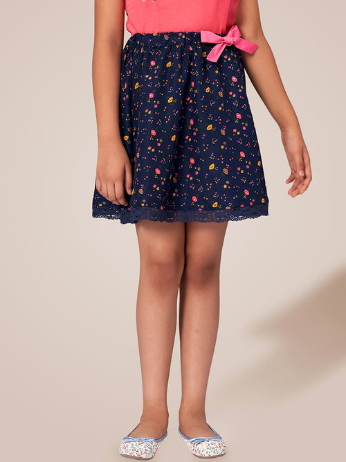 Girls Blue Printed Flared Skirt