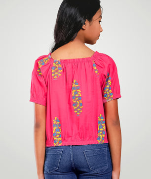 Girls Pink Printed Cotton Top