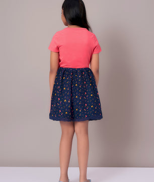 Girls Blue Printed Flared Skirt
