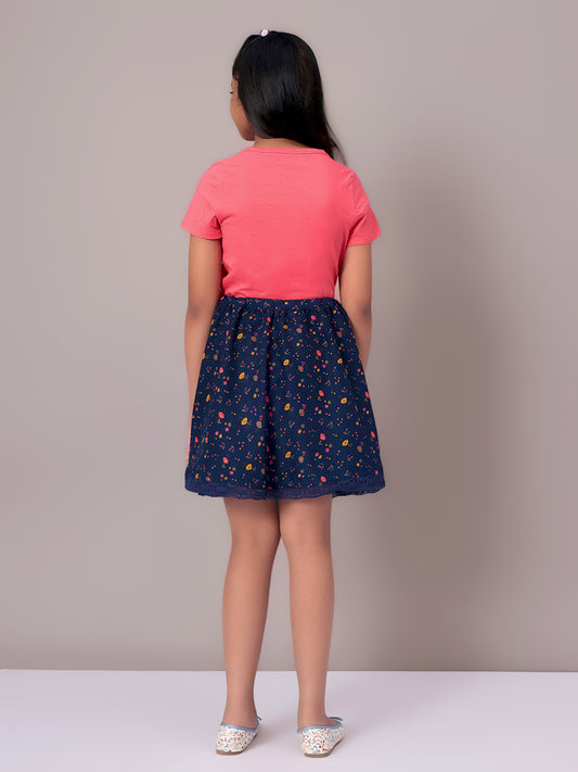 Girls Blue Printed Flared Skirt