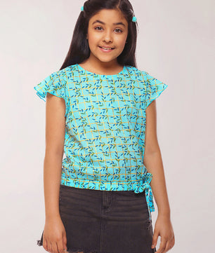 Girls Blue Printed Cotton Top