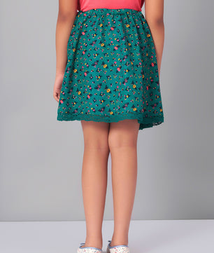 Girls Green Printed Flared Skirt