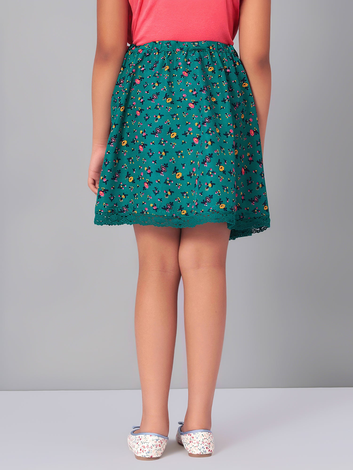 Girls Green Printed Flared Skirt