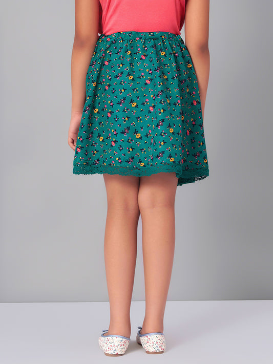 Girls Green Printed Flared Skirt