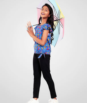 Girls Blue Printed Cotton Top
