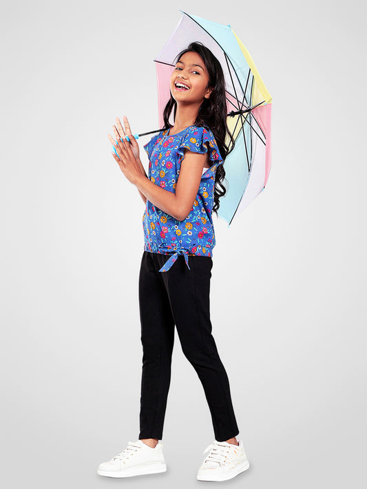 Girls Blue Printed Cotton Top