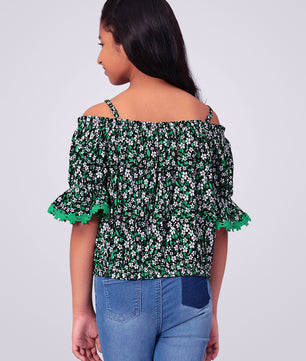 Girls Bardot Top in Green and Black Printed Rayon
