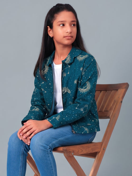 Girls Grey Printed Flannel Jacket
