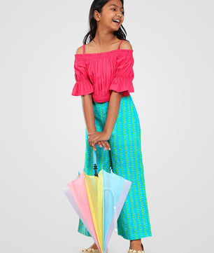 Girls Pink and Green Cotton Top & Palazzo Set