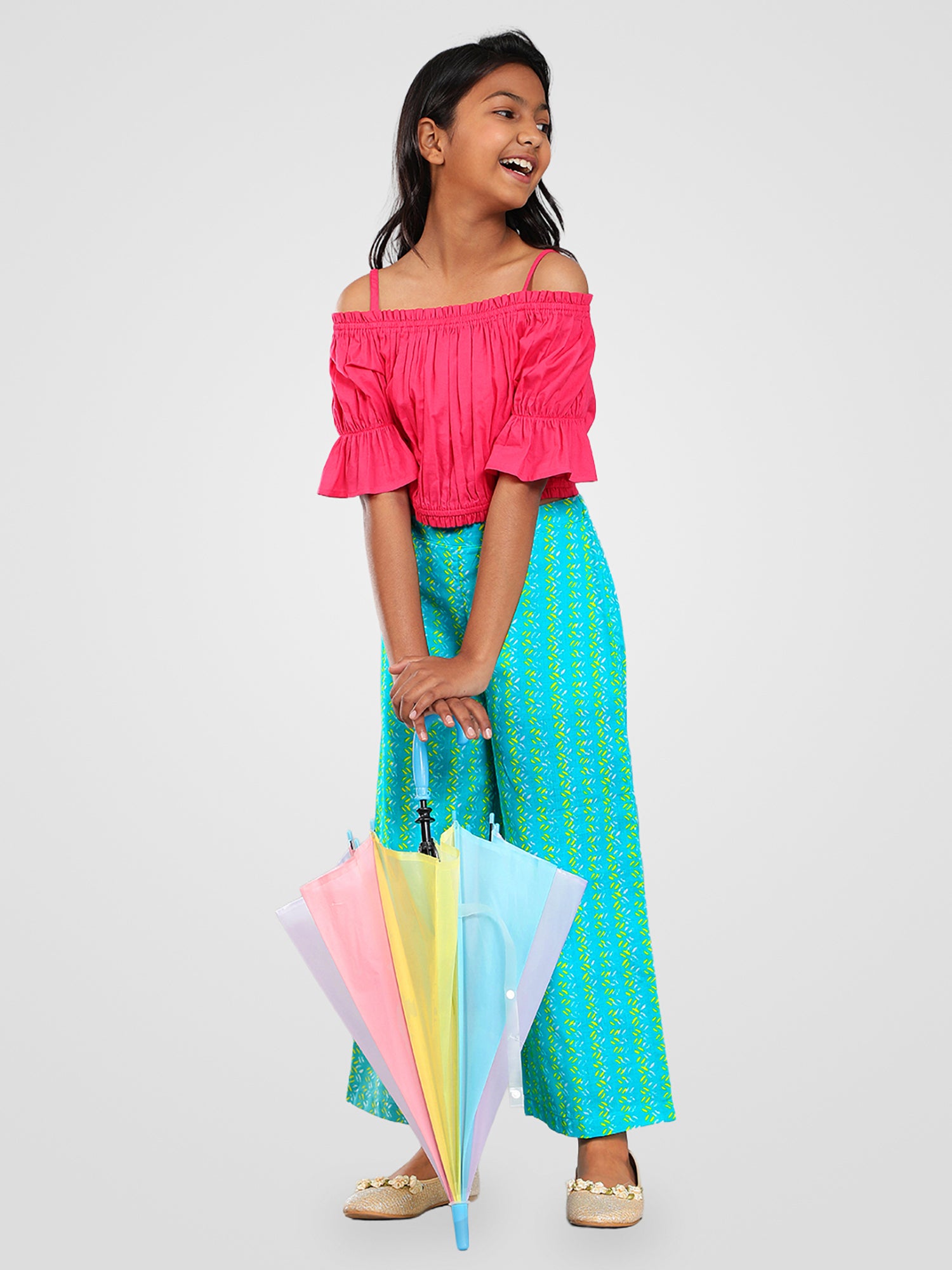 Girls Pink and Green Cotton Top & Palazzo Set