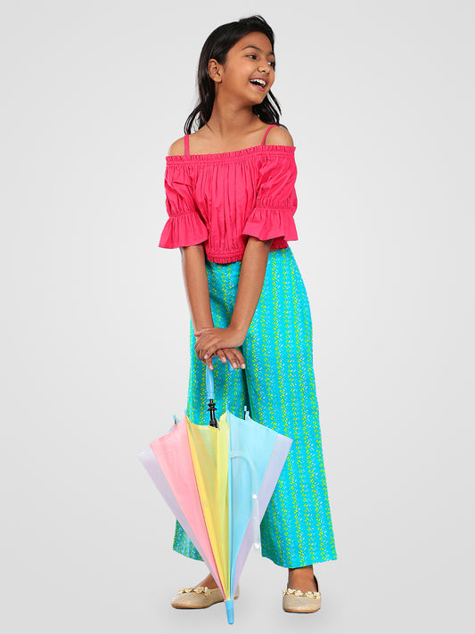 Girls Pink and Green Cotton Top & Palazzo Set