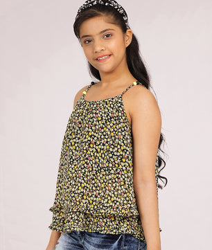 Girls Black Printed Georgette Top