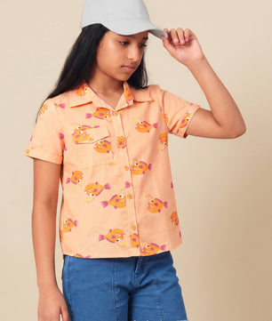 Girls Shirt Style Short Sleeves Printed Cotton Top