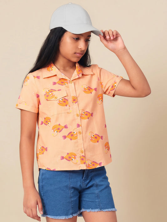 Girls Shirt Style Short Sleeves Printed Cotton Top