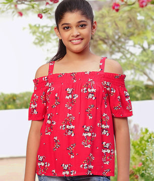 Girls Cold Shoulder Top in Red Printed Rayon