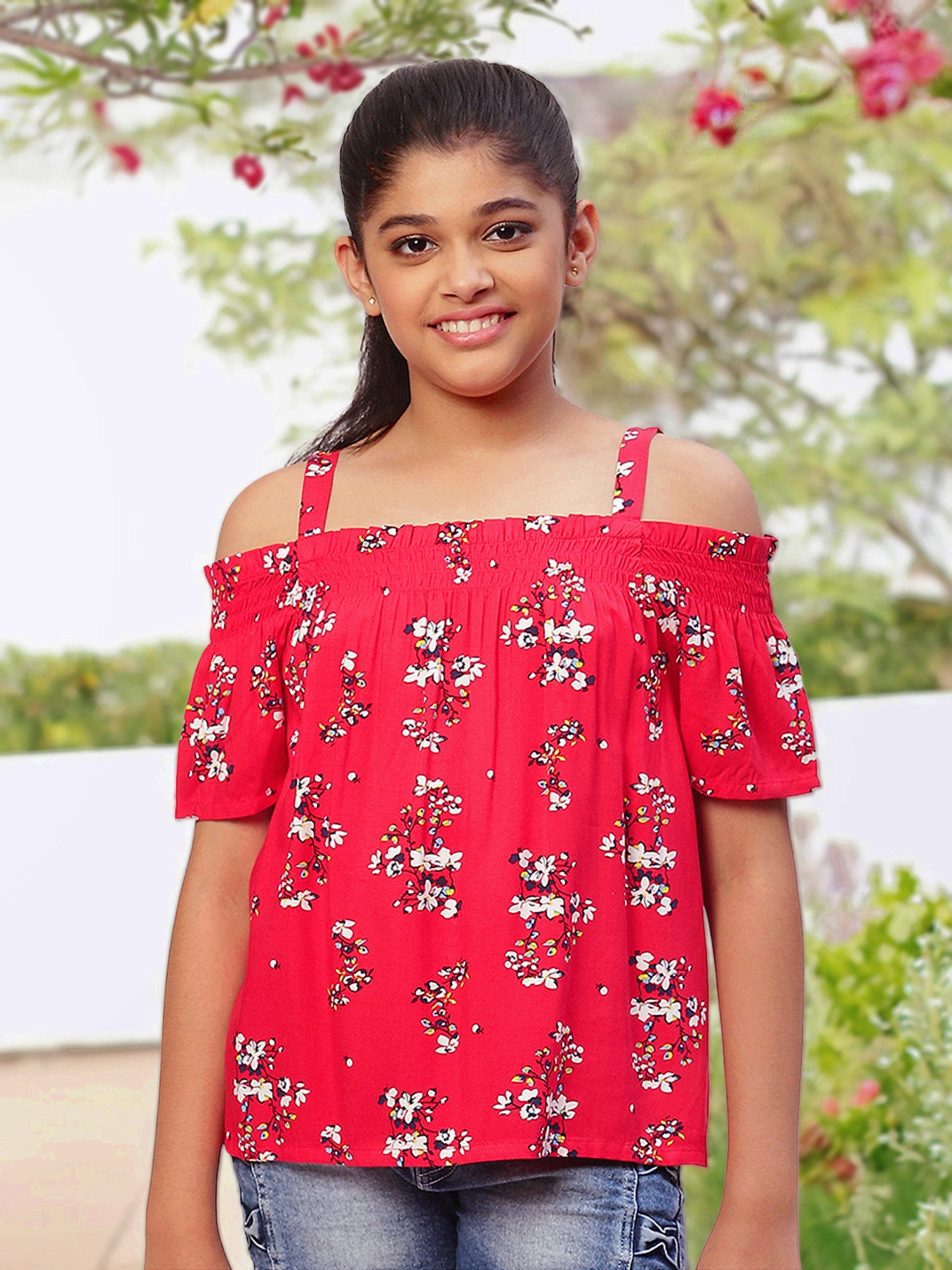 Girls Cold Shoulder Top in Red Printed Rayon